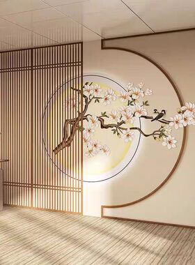 3d新中式木纹格栅墙纸客厅茶室壁画养生馆办公室茶桌背景8d花鸟