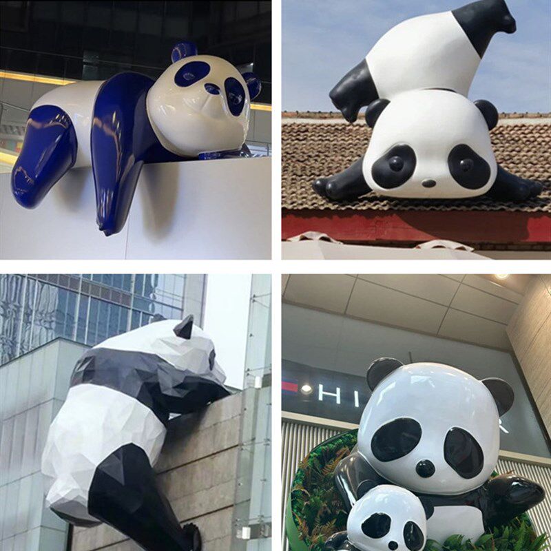 户外门头网红店爬墙打卡通熊猫装饰玻璃钢雕塑商场壁挂屋顶大摆件