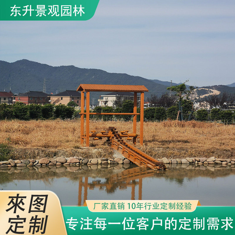 防腐木老式景观脚踩水车 户外脚踏木质水车手摇互动真实木水车
