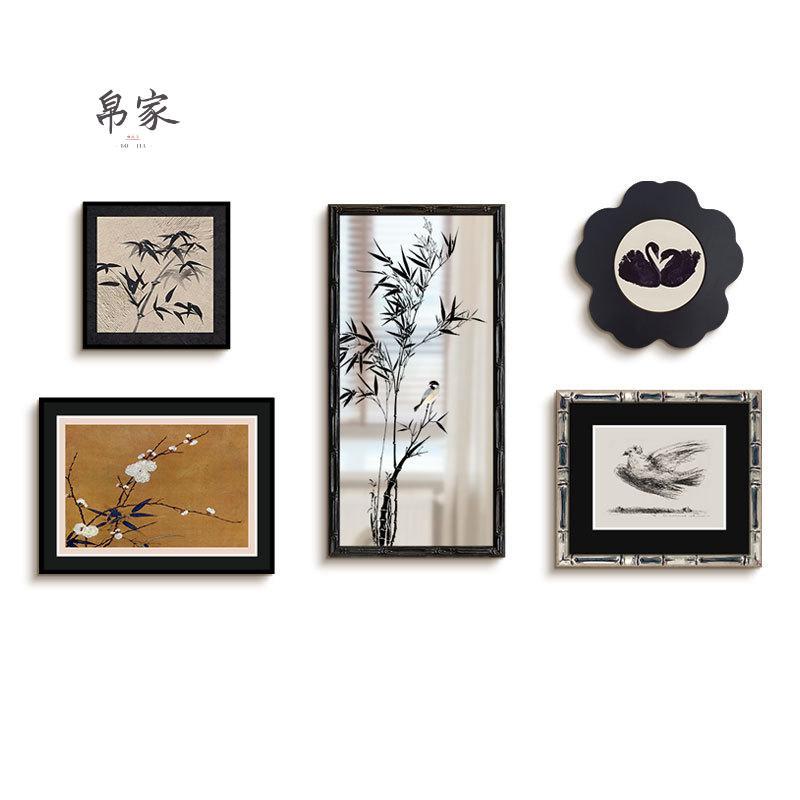 墨竹镜子装饰画法式中国风客厅组合挂画中古花鸟书房卧室镜面挂画