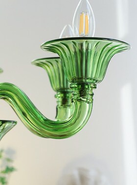 轻法式优雅绿色蜡烛吊灯设计师中古玻璃轻奢复古餐厅客厅卧室吊灯