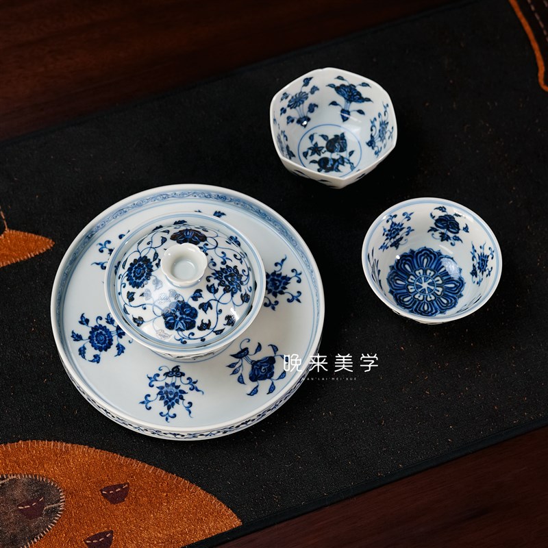 元煦和晓仿明青花十二花卉盖碗主人杯壶承景德镇纯手工手绘茶器