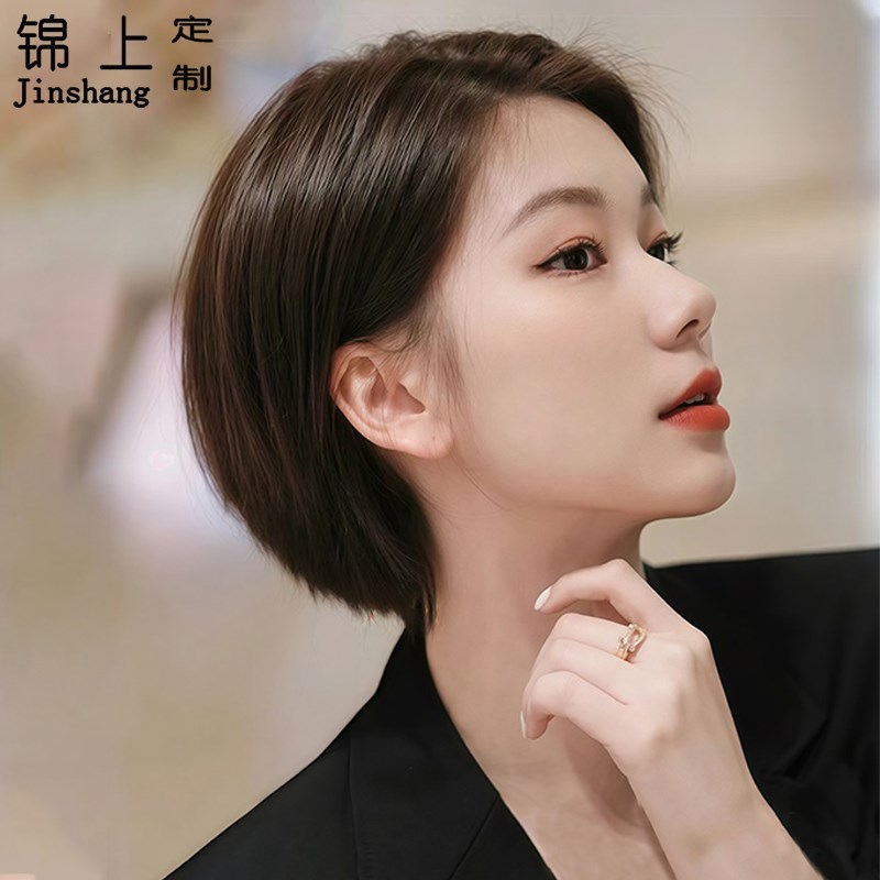 短发假发夏天薄款假发女全头套自然减龄偏分短发真人发丝整顶假发