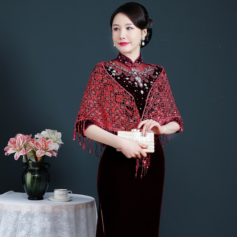 高端优雅蕾丝亮片红色旗袍披肩三角巾流苏婚礼妈妈外搭配礼服外披