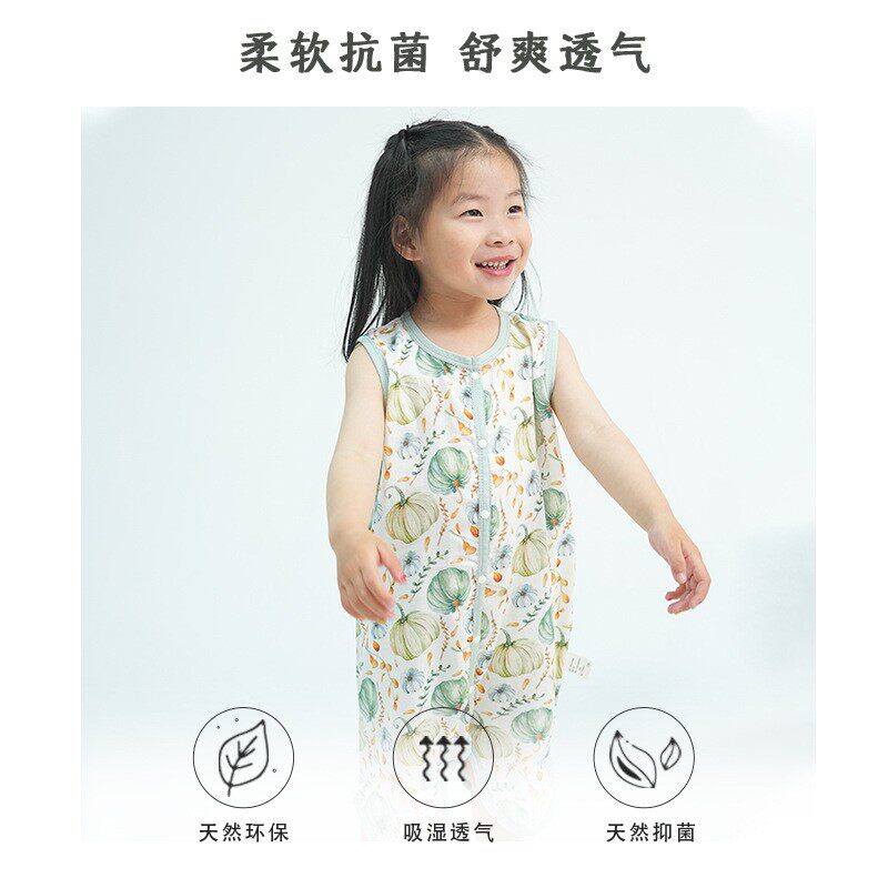 婴儿夏季薄款睡袋竹棉纱布宝宝连身睡衣无袖背心式儿童分腿防踢被
