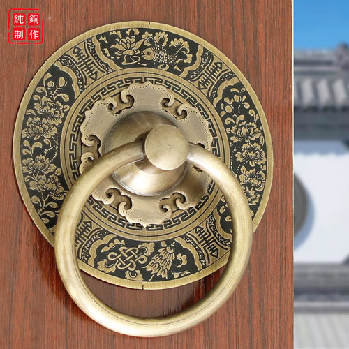 中式纯铜大门拉手仿古门环复古实木门把手古建庭院花纹拉环铜配件