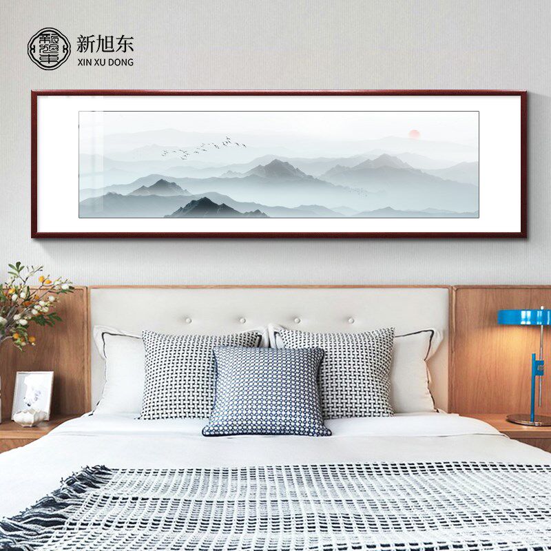 新中式卧室床头装饰画主卧禅意山水画客厅沙发背景墙酒店房间壁画