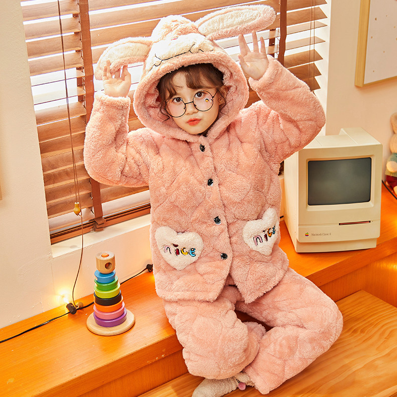 儿童珊瑚绒睡衣冬季三层夹棉加厚法兰绒小孩子女童男童家居服套装