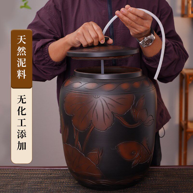 陶瓷水缸家用储水中式泡茶桌纯净水桶厨房老师土陶饮用抽水桶带盖