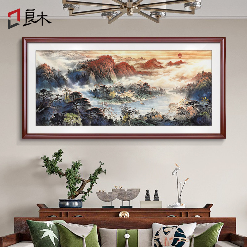 宝地生金挂画新中式客厅沙发背景墙装饰画旭日东升山水画茶室壁画