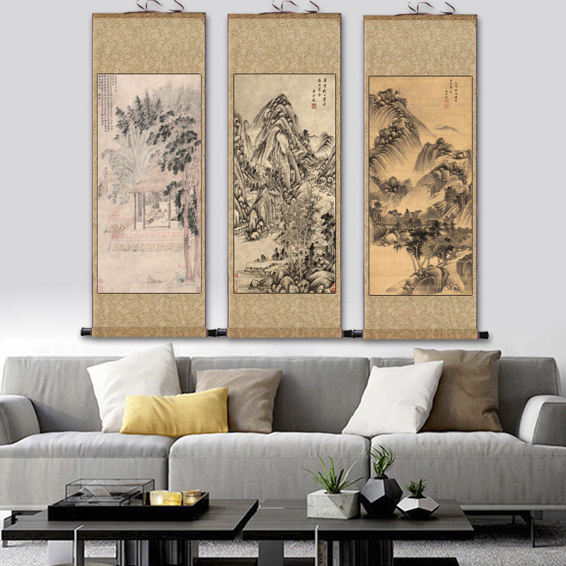 明代名家山水画高清微喷仿古画宣纸画绢画玄关客厅装饰国画新中式