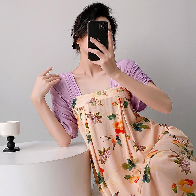 棉绸睡裙女夏季新中式国风印花系带短袖可外穿绵绸家居服长款裙子