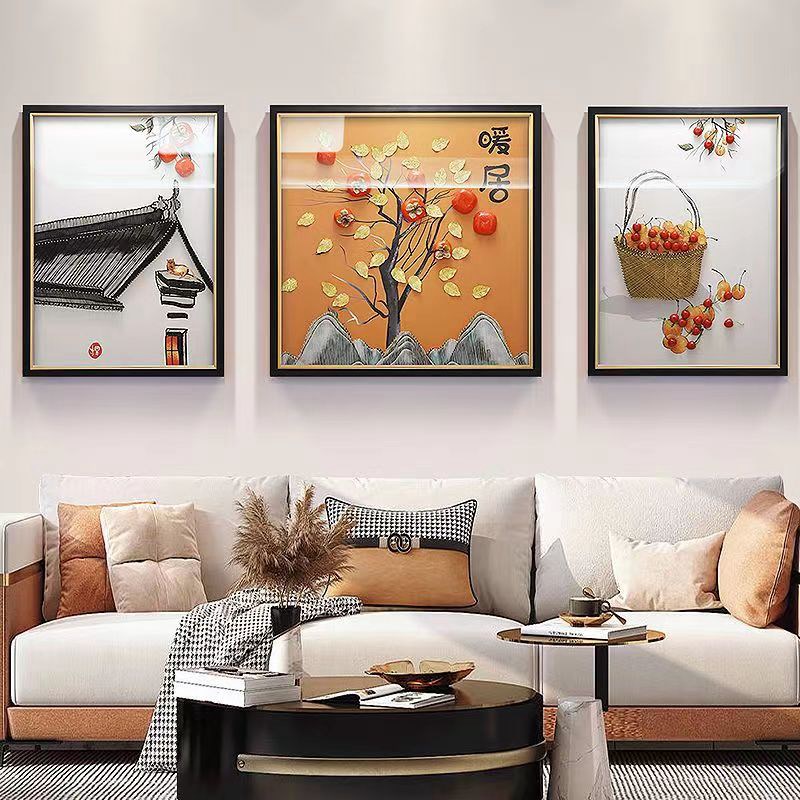 新中式客厅装饰画孔雀挂画沙发背景墙三联画大气菩提叶实物立体画