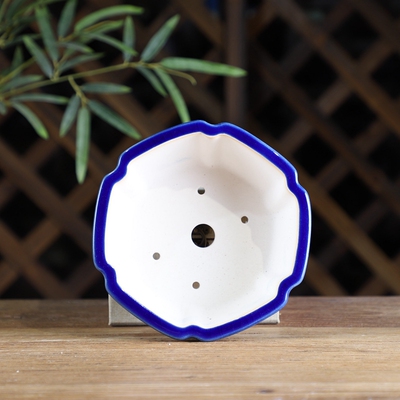 精品紫砂花盆石湾盆手工釉盆陶瓷花盆透气小盆景复古鼓钉兽面六方