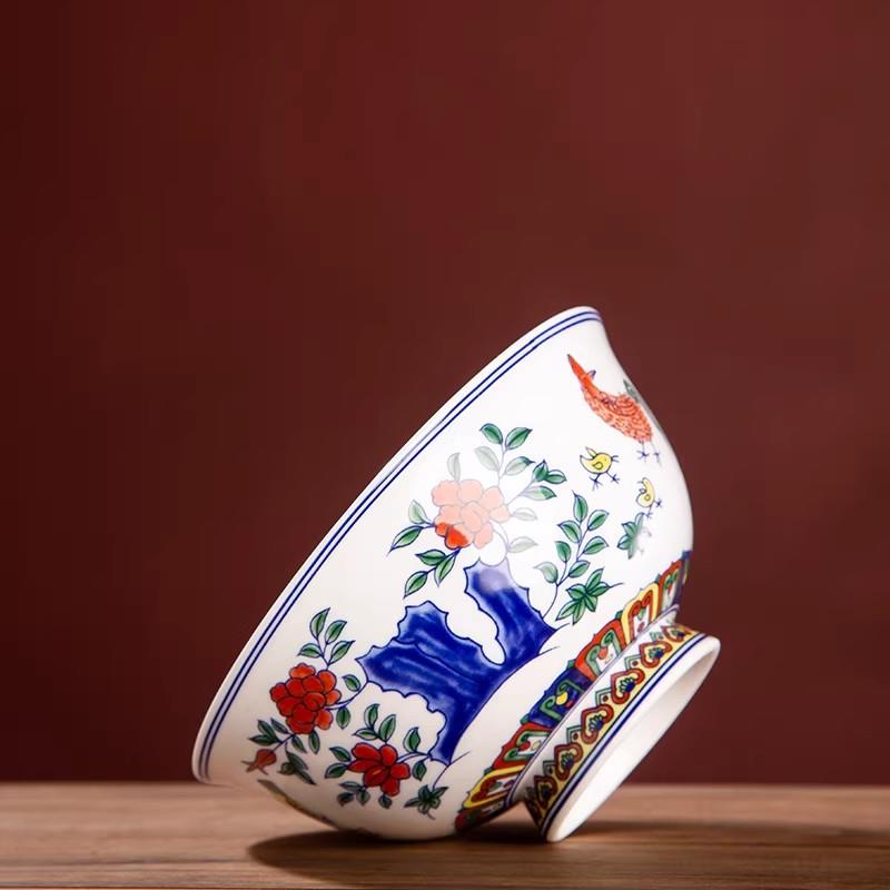 斗彩鸡碗米饭碗汤碗面碗景德镇陶瓷餐具家用仿古高脚防烫骨瓷碗