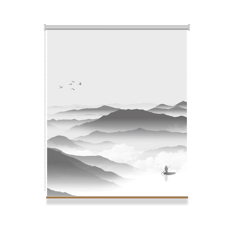 包邮新中式水墨古典山河景色纱透窗帘隔断屏风国画遮光办公室卷帘