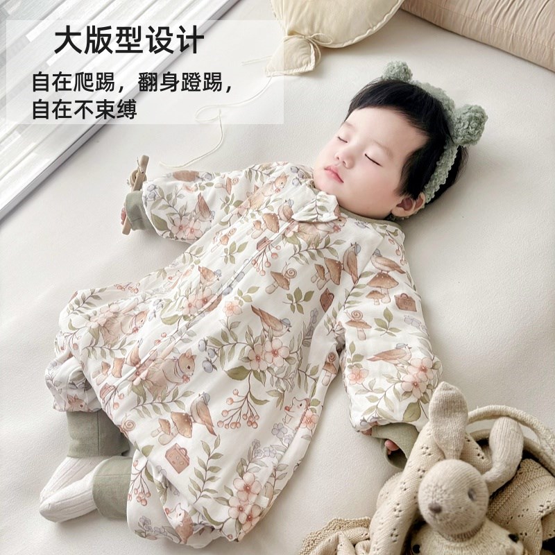婴幼儿分腿睡袋宝宝竹棉纱布六层春秋冬护肚防踢被连体睡衣空调服