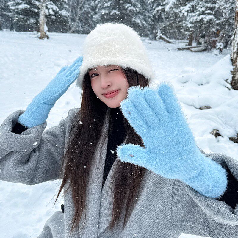 蓝色毛茸茸手套女士冬季可爱可触控屏幕保暖加厚毛绒加长防风骑车