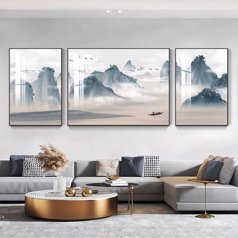 新中式客厅电表箱三联画山水画挂画沙发背景墙装饰画好寓意遮挡画