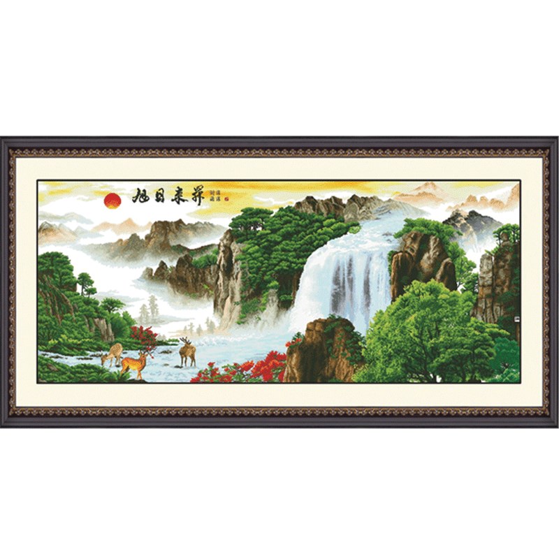 十字绣成品电脑机绣 新款旭日东升流水生财2米客厅风景大幅山水画