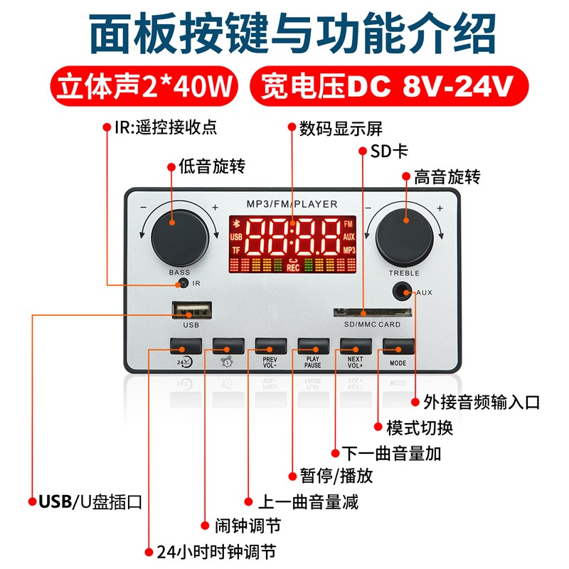 12V蓝牙5.0功放板80W+2*40W解码板彩屏带录音通话无失真2.1声道主