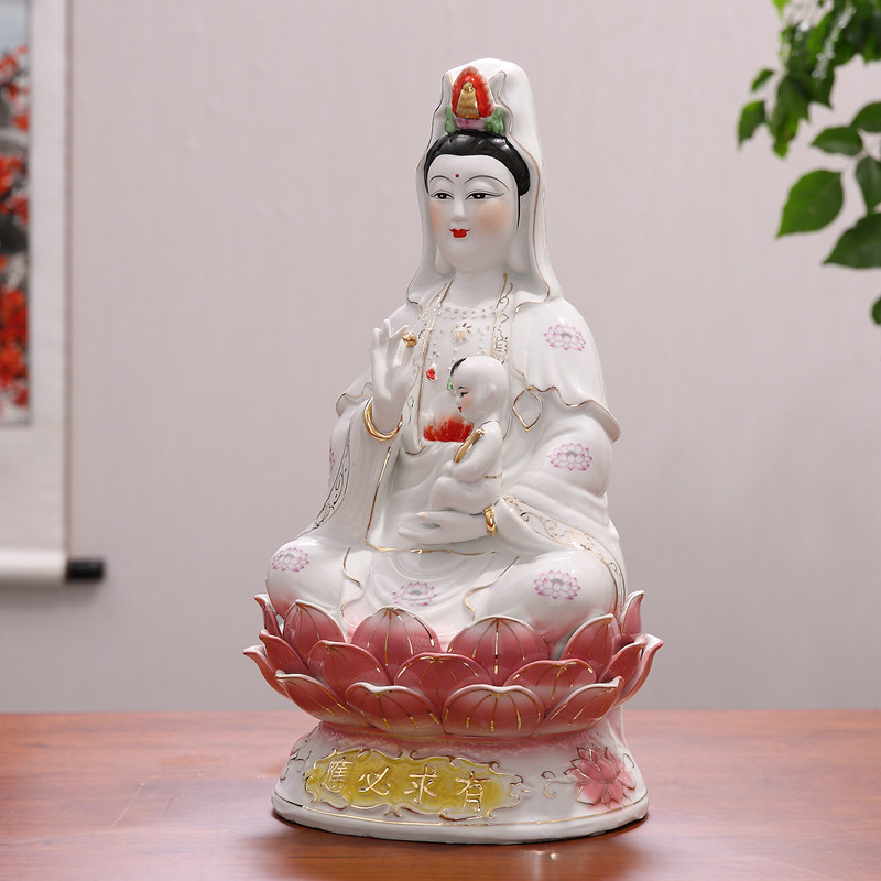 佛缘玉瓷堂12-18寸有求必应送子观音佛像南海观世音菩萨陶瓷摆件