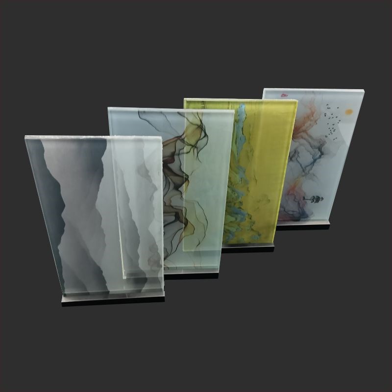 夹丝玻璃山水画屏风隔断玄关推拉门卫生间门金属夹丝彩色渐变玻璃