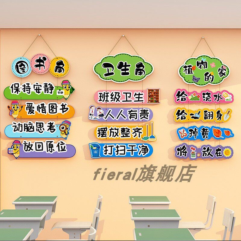 班级图书角布置装饰文化墙贴幼儿园环创教室卫生植物角喝水区挂牌