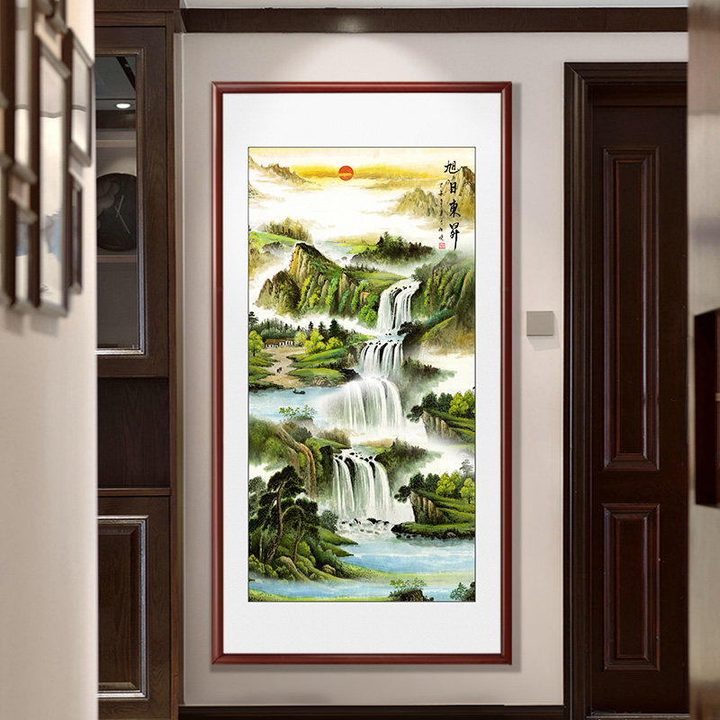 聚宝盆山水画挂画进门玄关画竖版八方来财装饰走廊过道壁画办公室