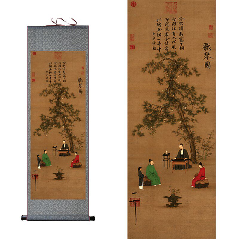 听琴图宋徽宗赵佶国画条幅国画仿古字画卷轴丝绸画宣纸画定制礼品