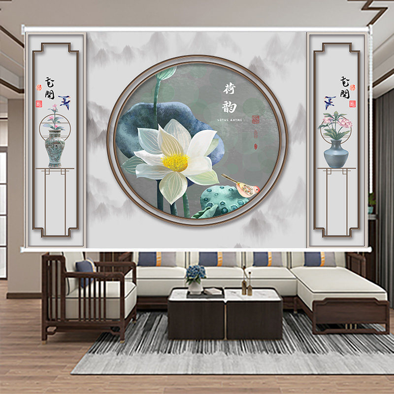 定制复古新中式山水窗帘客厅办公室客厅背景画卧室遮光隔热卷帘