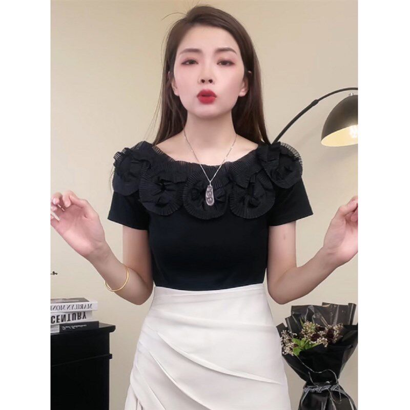 手工立体贴花露肩时尚短袖T恤女夏装新款洋气质修身显瘦上衣小衫