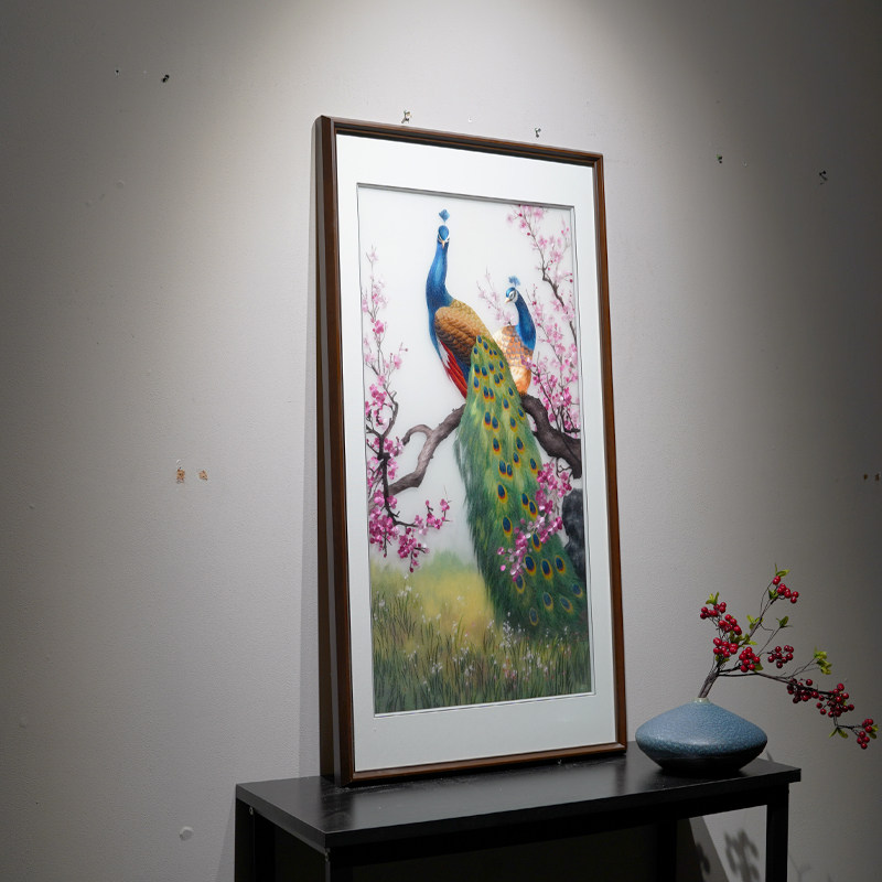 新中式风格动物孔雀图精品纯手工苏绣玄关走廊过道可定制成品挂画