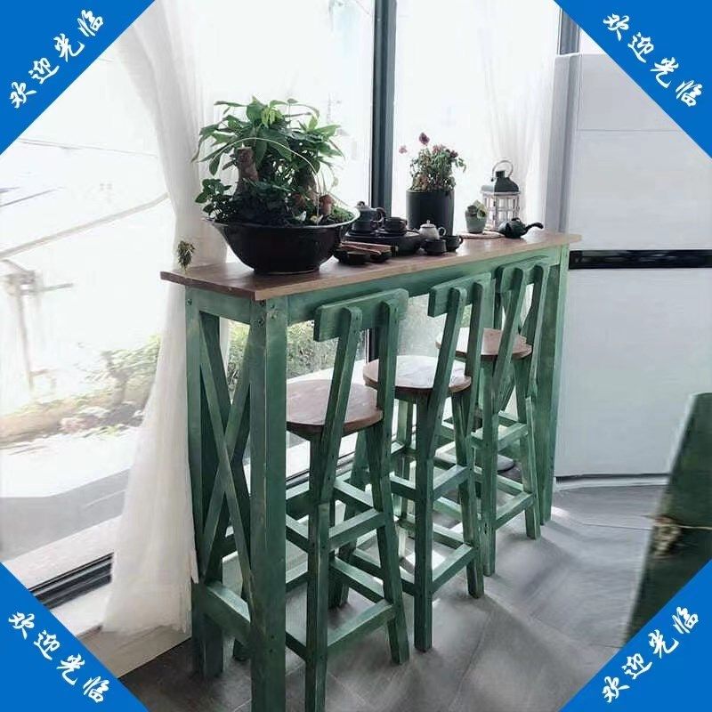 高脚吧台桌靠墙桌全实木阳台长方形吧台家用复古做旧吧台桌椅组合