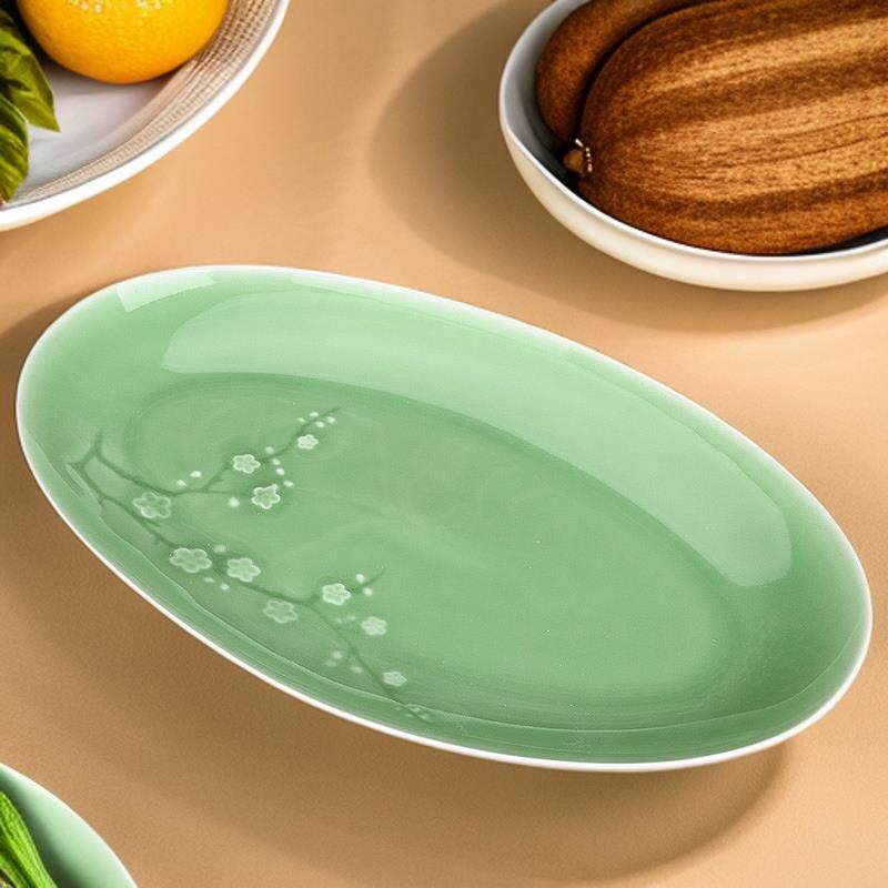 流转千年青瓷家用餐具梅花大鱼盘创意陶瓷椭圆菜盘微波炉蒸鱼盘