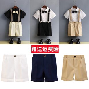 男童西装短裤松紧腰红色夏季儿童西装裤男宝西裤男孩背带裤套装