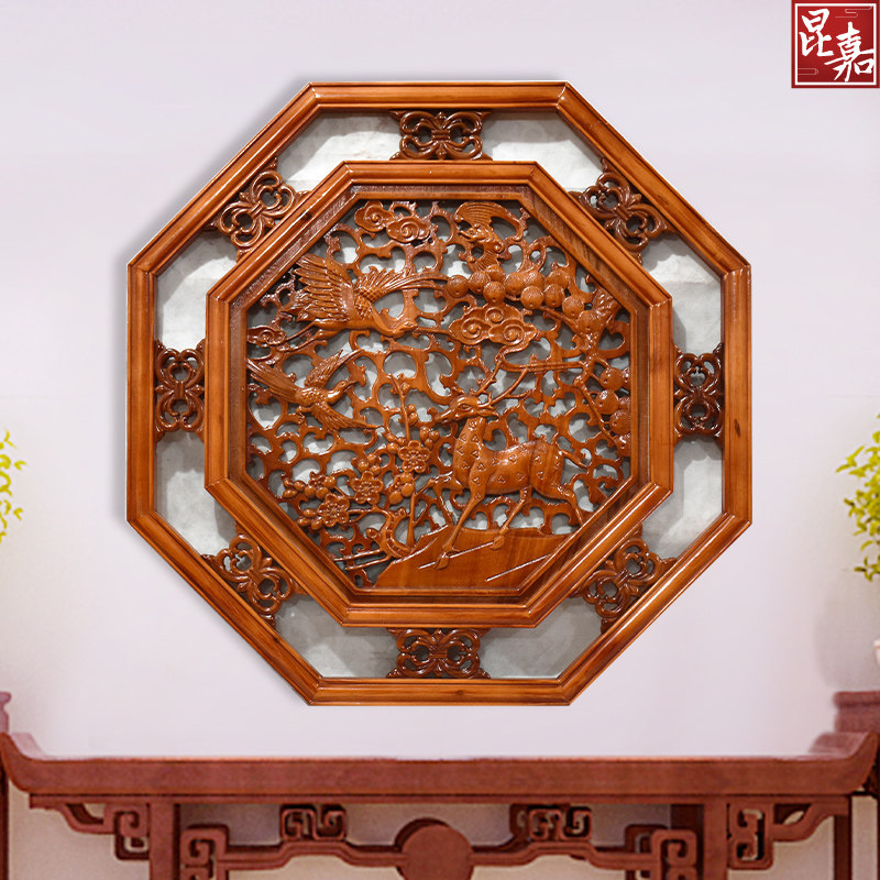 东阳木雕挂件香樟木头八角形实木福字壁挂玄关客厅中式背景墙挂件
