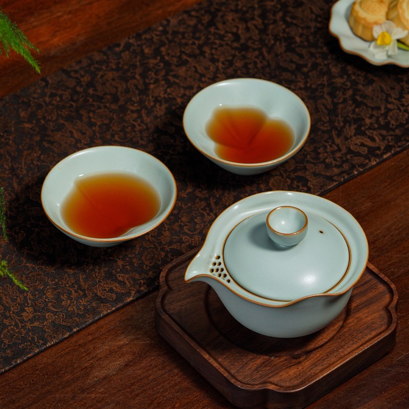 汝窑功夫茶具泡茶专用送长辈礼物汝瓷快客杯一壶二杯套装寿禧茶组