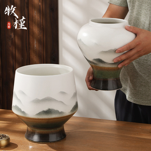 景德镇陶瓷花盆客厅新中式复古山峰花瓶白色流泉枫专用盆景盆高档