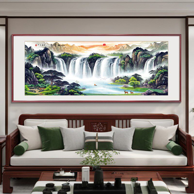 旭日东升客厅挂画 画东墙山水画 画靠山图新中式办公室沙发背景墙