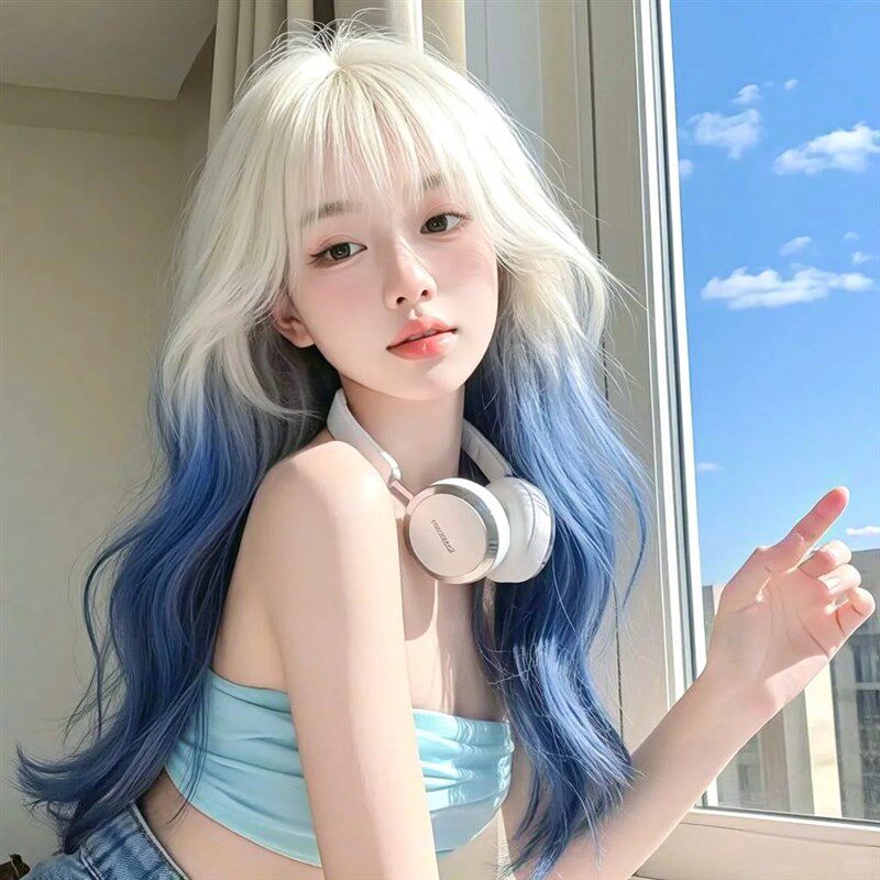 惠染假发白金渐变蓝长卷发日常空气刘海层次大波浪仿真发全头套女