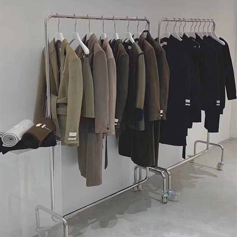服装店展示架女装店不锈钢货架衣服架子落地式移动挂衣杆银色带轮