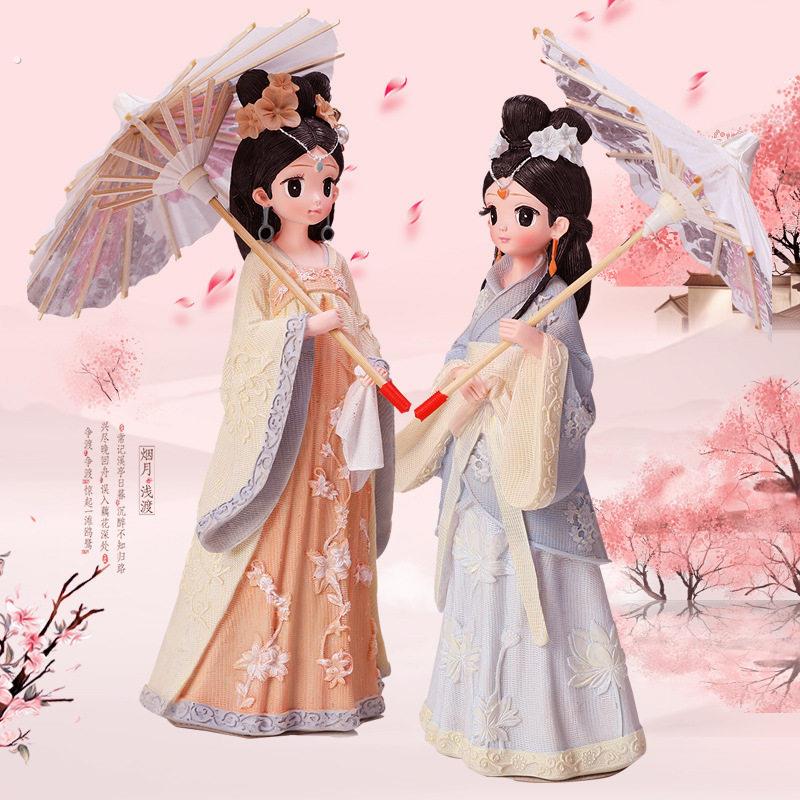 古装汉服少女摆件唐装娃娃打伞美女唐朝唐仕女古代古风人物装饰品