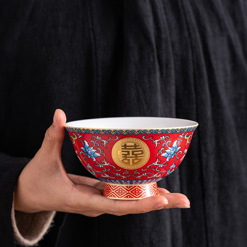 景德镇珐琅彩结婚敬茶套装婚礼改口敬茶杯婚庆喜碗对碗茶壶新人陪