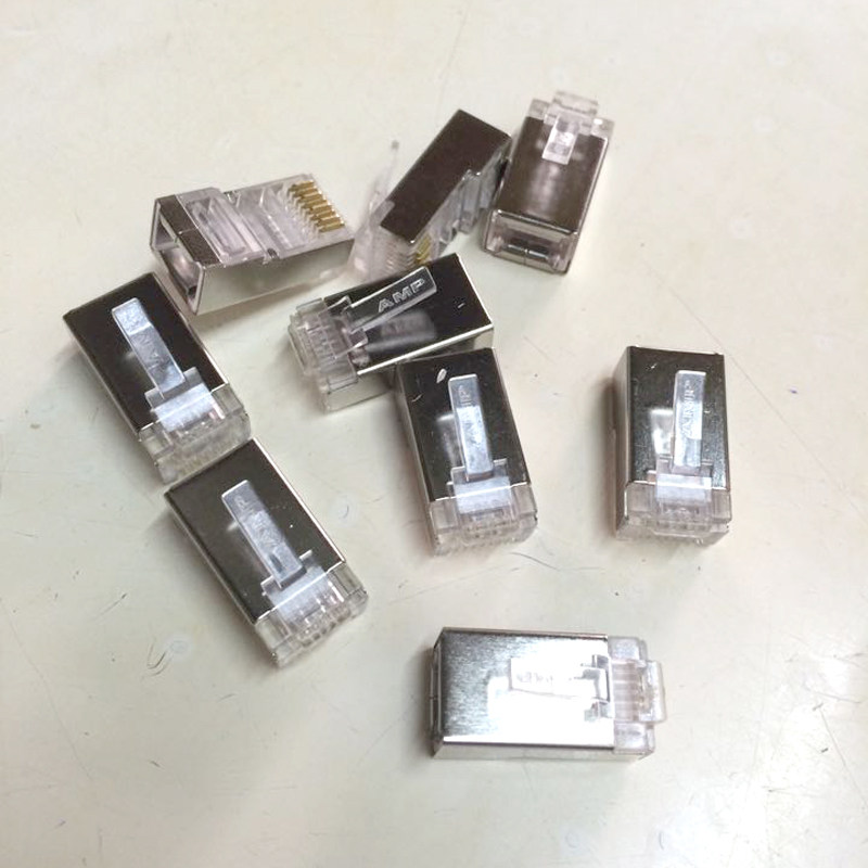 AMP屏蔽超六类超五类水晶头RJ45千兆6类安普8P8C网络金属接头镀金