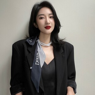 夏季法式复古珍珠丝巾项链女锁骨链丝带装饰绑发带气质小领巾飘带