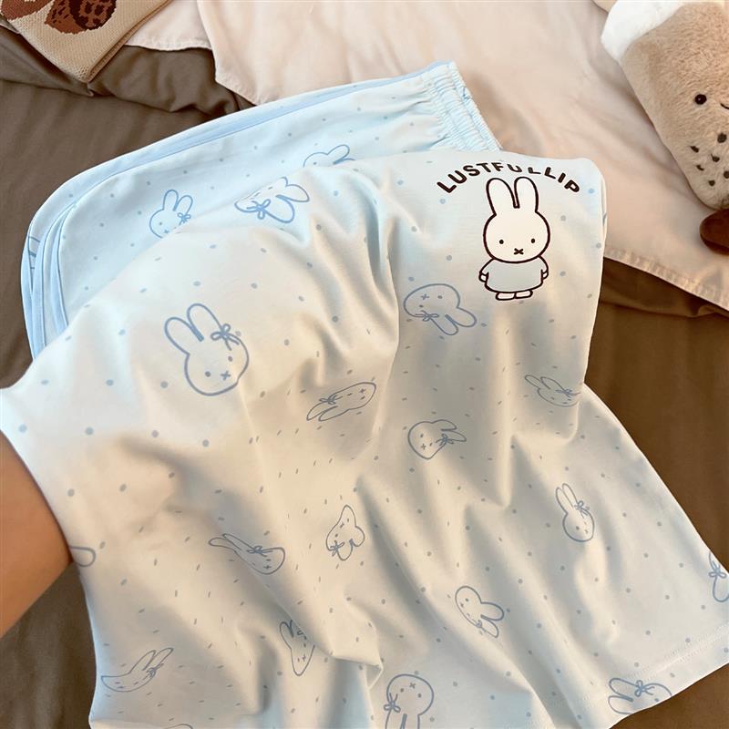 睡衣女士夏季纯绵绸带胸垫背心无袖短裤可爱米菲兔家居服运动套装