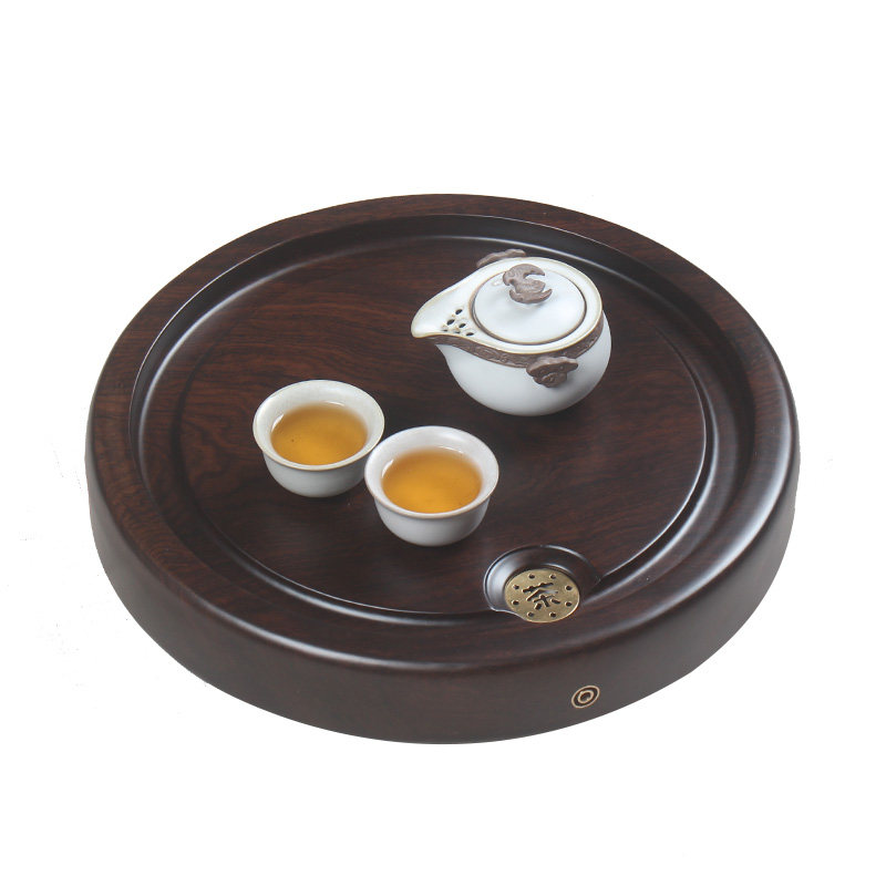 黑檀木茶盘圆形家用原木整块实木功夫茶具小型茶台茶海茶托盘排水
