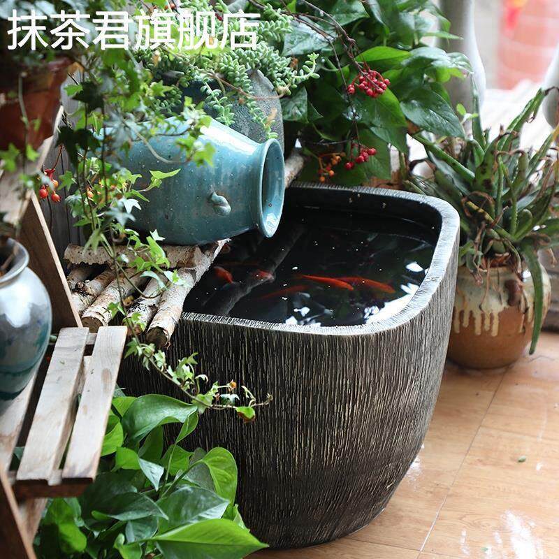 大号陶瓷鱼缸造景家用 方形粗陶养鱼盆 北冥品牌客厅摆设仿石材质