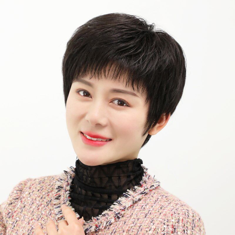 假发女全头套自然真发黑色短发中年女士妈妈光头假发套薄款真头发